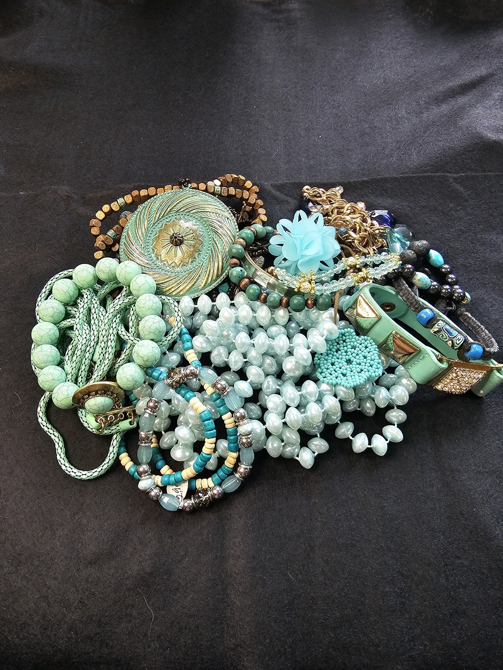 Turquoise Green Mixed Bead Statement Necklace and Bracelet Lot